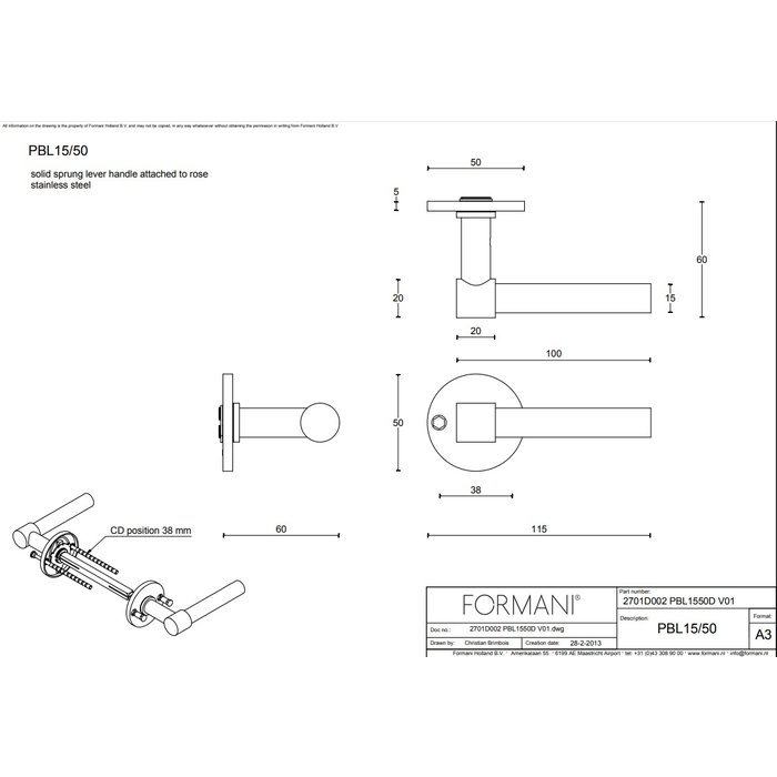 Formani Poignées de porte Piet Boon ONE PBL 15/50 ronde PVD Or mat sans BB
