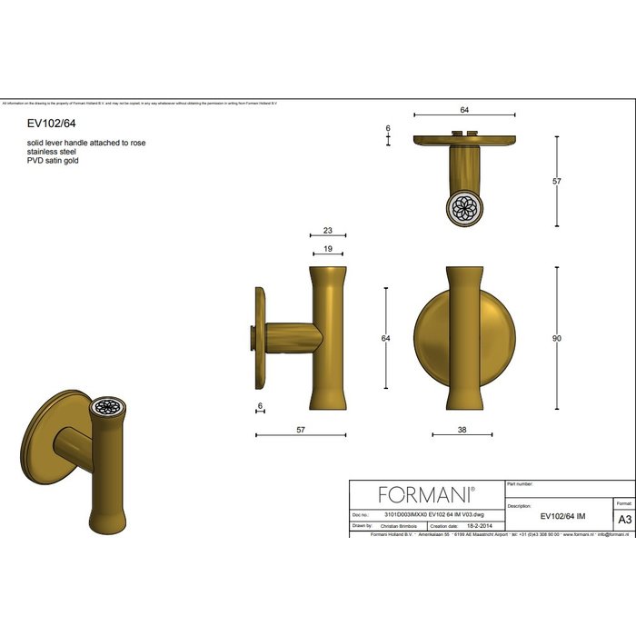 Formani Door handles Edward Van Vliet EV102/64 round PVD matt Gold without BB