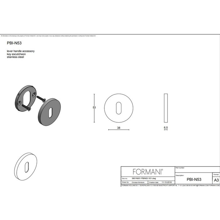 Formani 1 Sleutelplaatje Piet Boon INC mat RVS PBIN53 - 6,5 mm