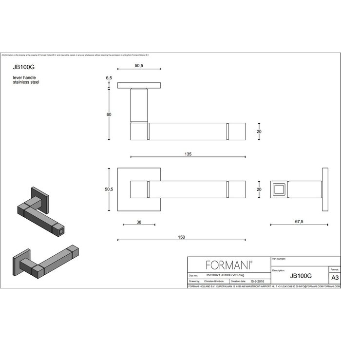 Formani Matt black door handles Square JB100-G Jan Des Bouvrie-square spring loaded