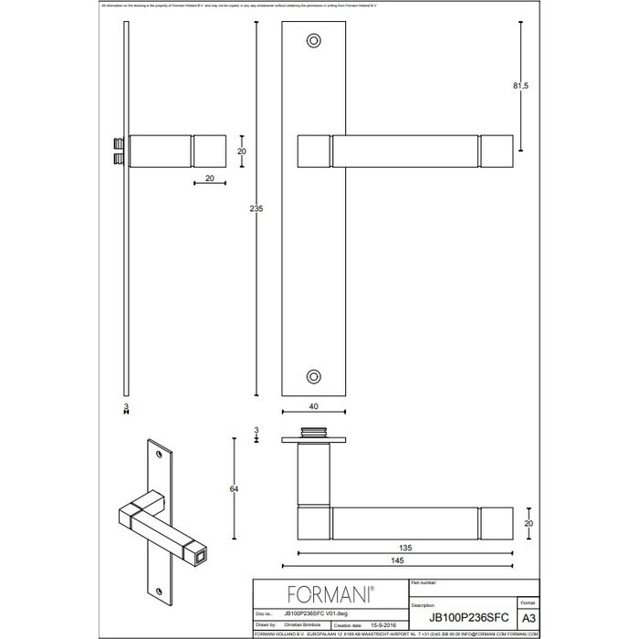Formani Poignées de porte blanches 'Square JB100P236' sur plaque aveugle par Jan Des Bouvrie