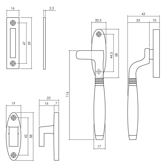 Intersteel Intersteel-Fenstergriff Ton links Chrom poliert / Ebenholz mit Verschlusshaken und Platte