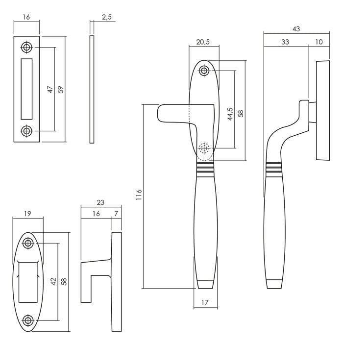 Intersteel Intersteel raamkruk Ton rechts Nikkel / ebbenhout met sluithaak en plaat