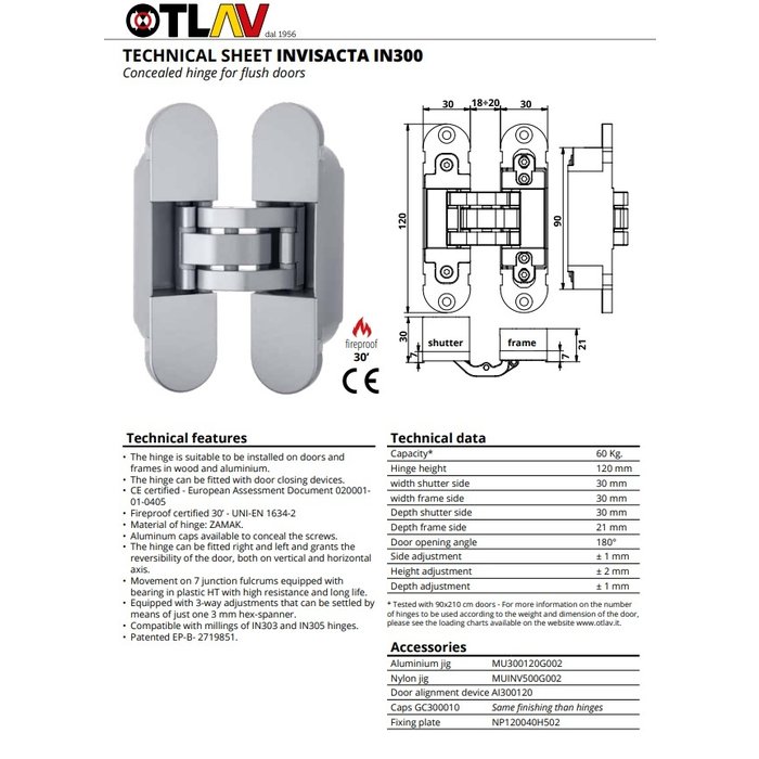 Otlav White invisible 3D hinge Otlav Invisacta IN300120 - 30x120mm