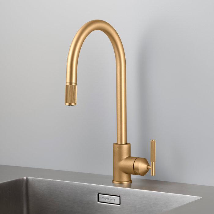 Buster+Punch Pull-out mixer tap from Buster & Punch with linear pattern in brass