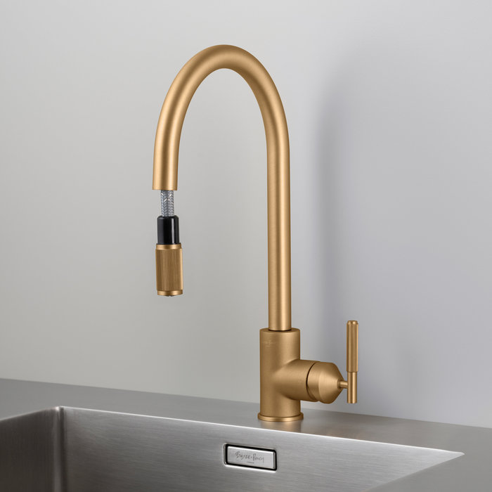 Buster+Punch Pull-out mixer tap from Buster & Punch with linear pattern in brass