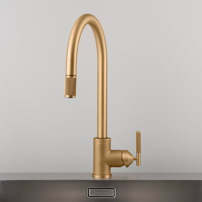 Buster+Punch Pull-out mixer tap from Buster & Punch with linear pattern in brass