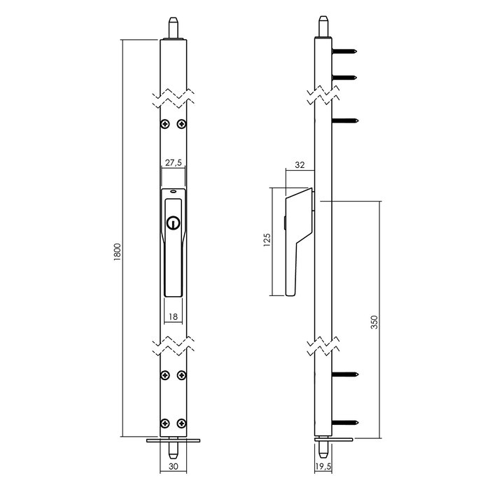 Intersteel Intersteel Window espagnolette lockable Left 1800mm with exchangeable aluminum cylinder