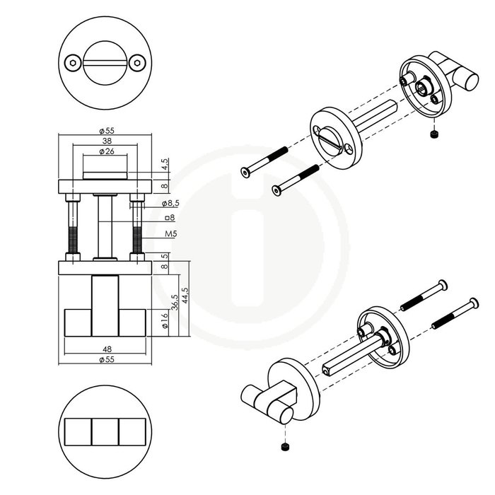 Intersteel Black Grand & Johnson toilet lock with knob on concealed rosette Ø55x8mm stainless steel PVD
