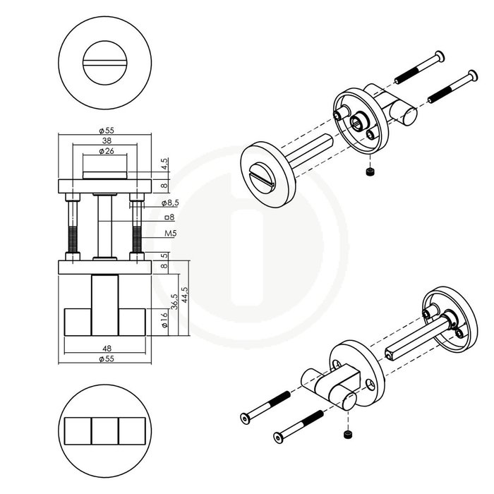 Intersteel WC-closure Grand & Johnson with knob on screw hole rosette Ø55x8mm stainless steel Copper PVD