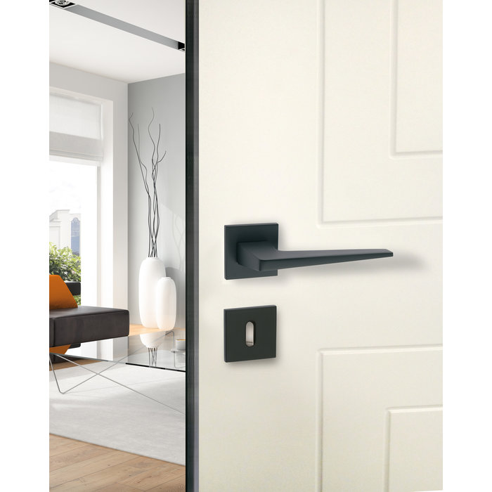 Fimet Black door handles 'Flake' on a square rosette