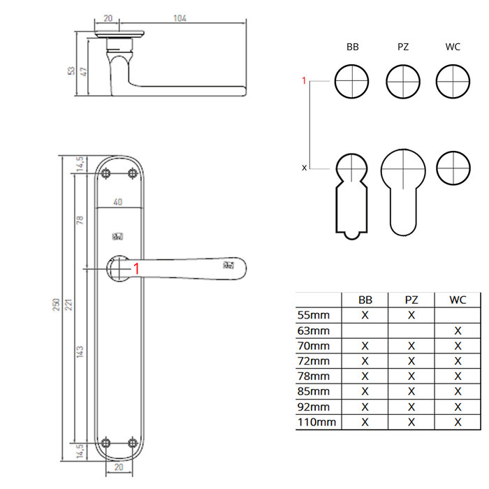 Dauby Türgriffe PHL L+L Bronze roh auf Platte