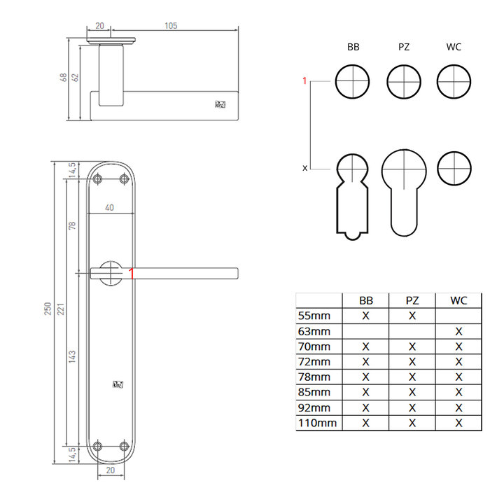 Dauby Pair of black door handles PH2017 /P40 aged iron on blind plate