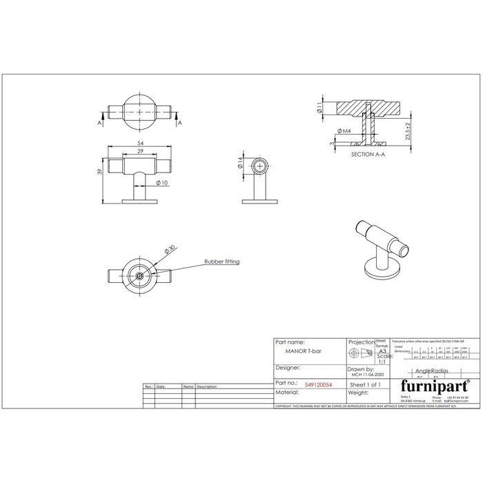 Furnipart Furnipart mat zwarte Meubelknop MANOR T-model kruislings geslepen 54 mm
