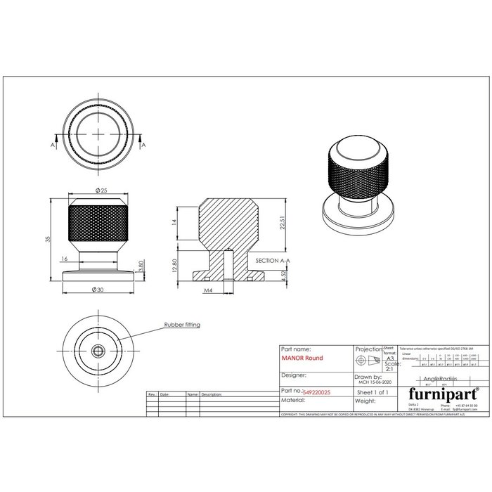 Furnipart Goudkleurige Furnipart Meubelknop MANOR kruislings geslepen Ø 25 mm