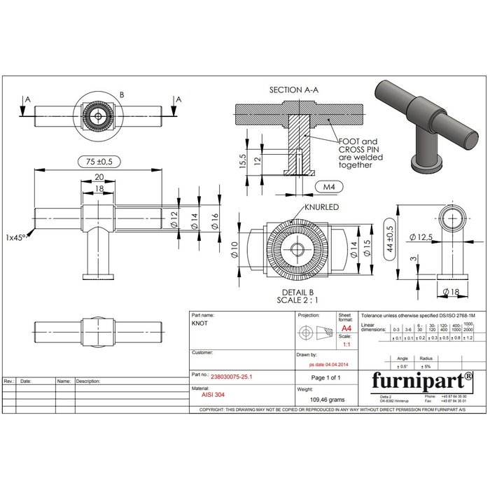 Furnipart Roestvast stalen Furnipart meubelknop KNOT T-model 75 mm