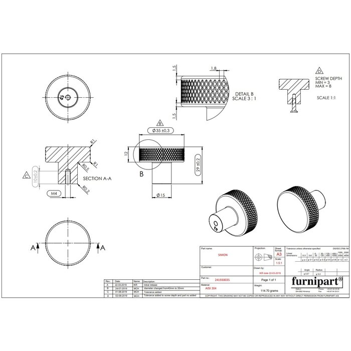 Furnipart Bouton rond Furnipart furniture SIMON coupe en croix Ø 35 mm aspect inox