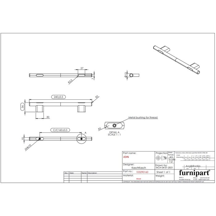 Furnipart  Furnipart meubelgreep JOIN asafstand uit vernist eikenhout