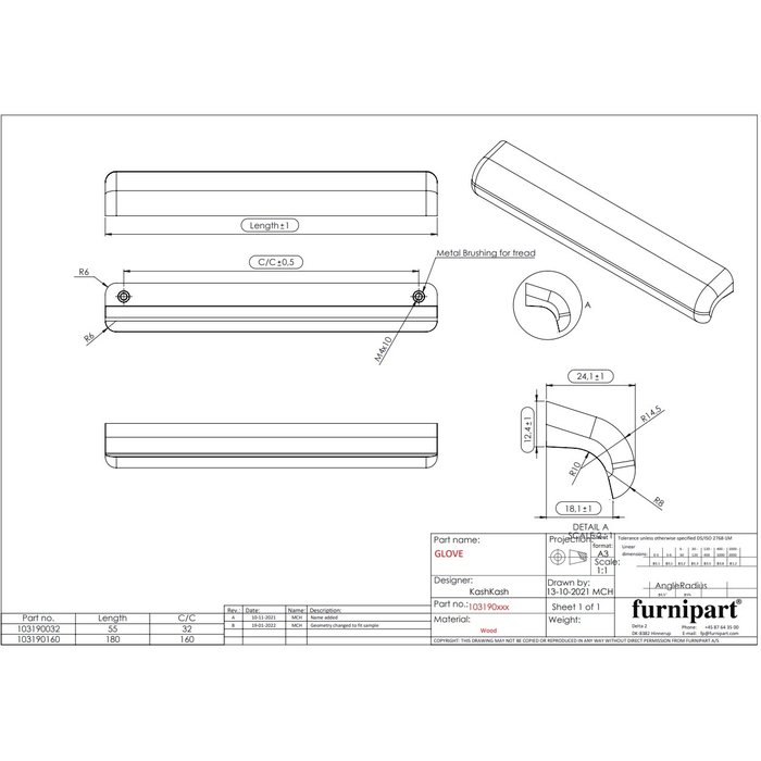 Furnipart  Zwarte Furnipart meubelgreep GLOVE met asafstand 160 mm uit Hout
