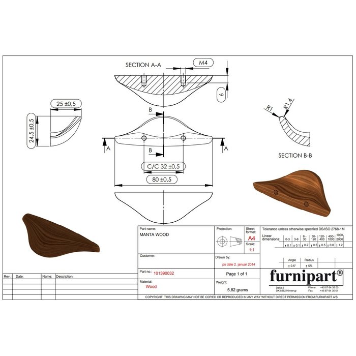 Furnipart Poignée de meuble en chêne Furnipart MANTA avec entraxe 160 mm