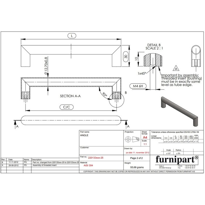 Furnipart Furnipart U-shaped furniture handle D ANGLE center distance 160 mm Stainless steel polished