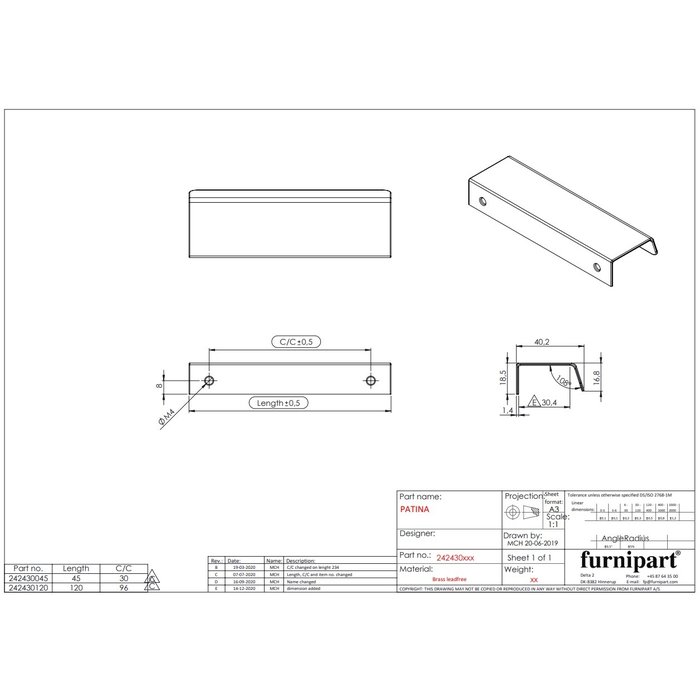 Furnipart Poignée de meuble Furnipart PATINA entraxe 96 mm laiton poli