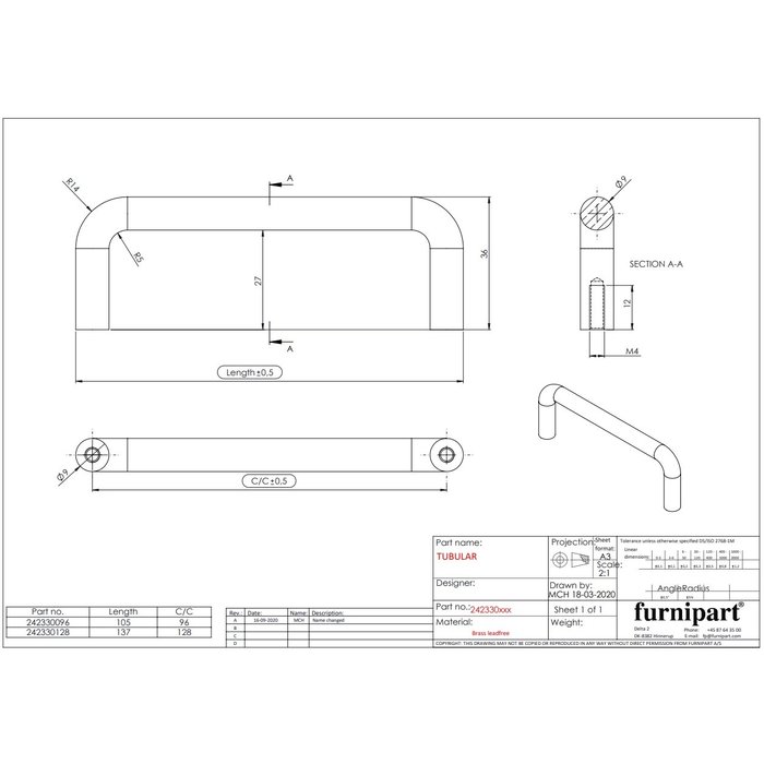 Furnipart  Furnipart-Möbelgriff TUBULAR – unbehandeltes poliertes Messing