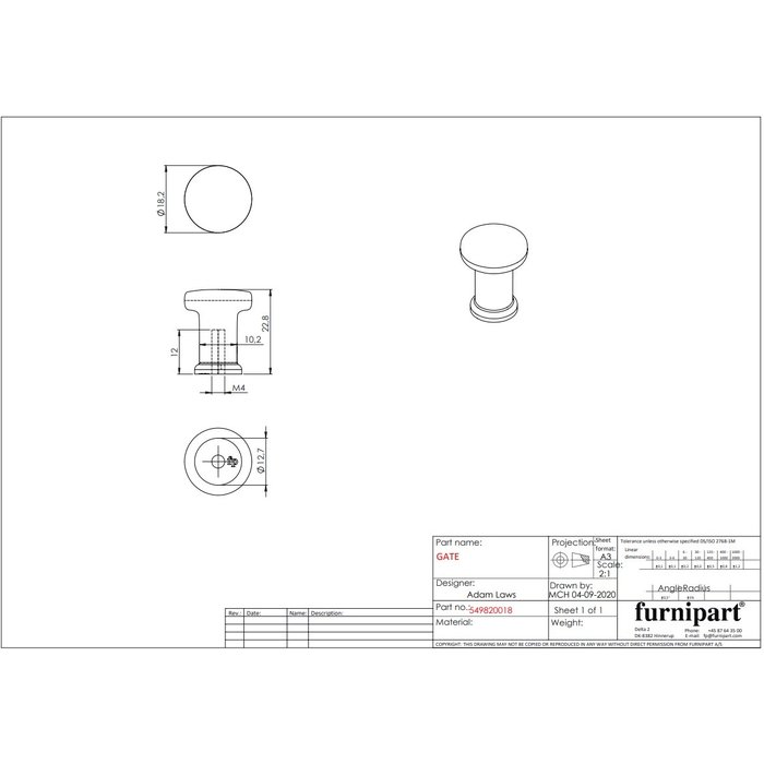 Furnipart Bouton de meuble rond Furnipart GATE laiton antique