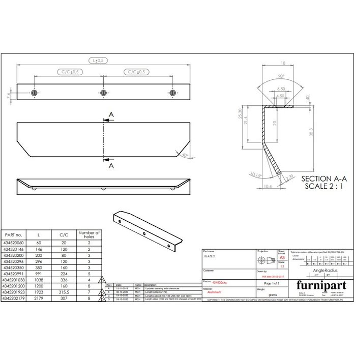 Furnipart Furnipart corner handle BLAZE stainless steel look L= 200 mm
