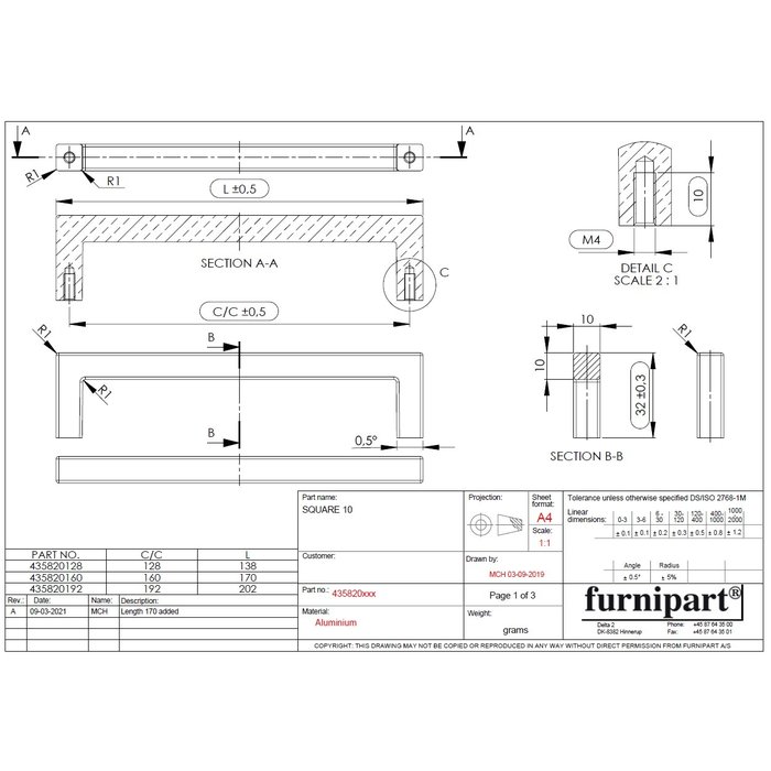 Furnipart Mat zwarte Furnipart meubelgreep SQUARE 128 mm vierkant