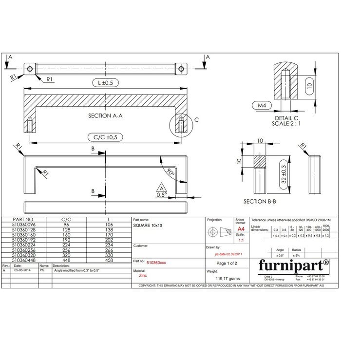 Furnipart Furnipart meubelgreep SQUARE 160 mm vierkant RVS look