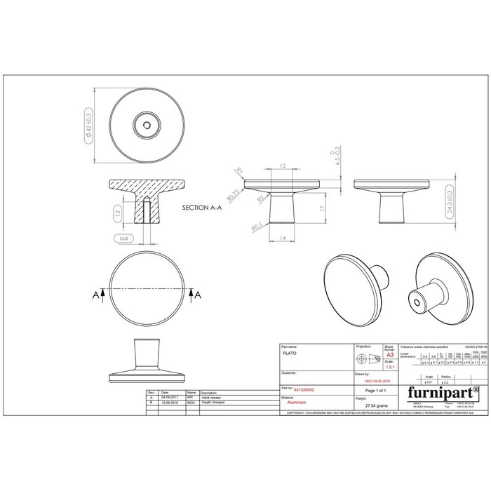 Furnipart Schwarz gebürstet Furnipart möbelknopf PLATO Ø 42 mm