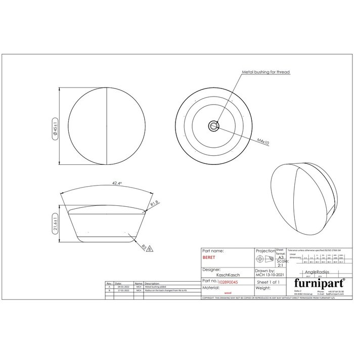 Furnipart Zwarte Furnipart  meubelknop BERET Ø 45mm uit essenhout