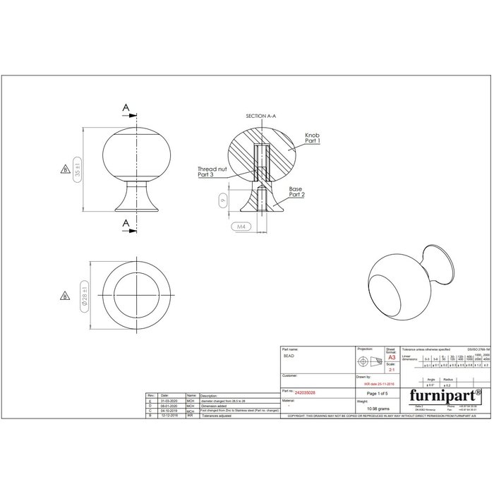 Furnipart Furnipart Möbelknopf BEAD Straight Ø 28 mm Edelstahl/Porzellan weiß