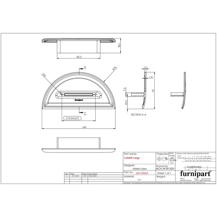 Furnipart Mat witte Furnipart meubelgreep HORIZON large 64 mm