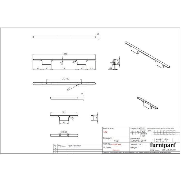 Furnipart Mattschwarzer Furnipart Möbelgriff TAU 160 mm gebürstet
