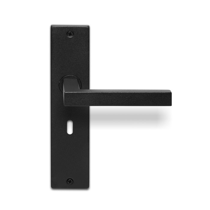 In-Door Black Marbella door handles on rectangular blind shield