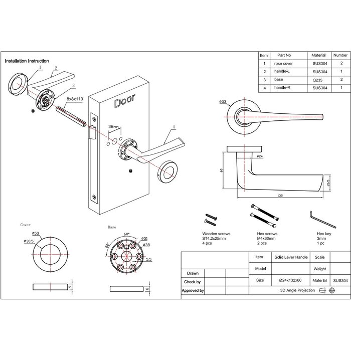 In-Door Schwarze solide Türgriffe Vince auf rechteckigem Blindschild