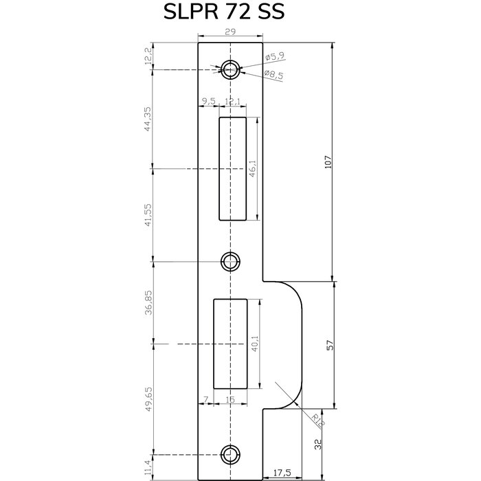 Dulimex RVS sluitplaat rechte hoeken t.b.v. veiligheidsinsteekslot PC72