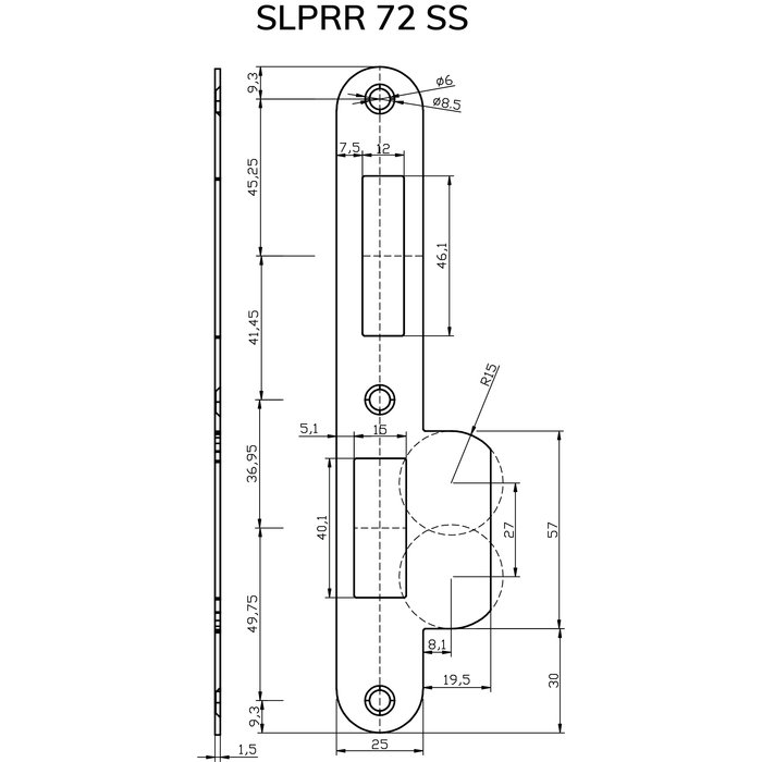 Dulimex Stainless steel striker plate round corners for safety mortise lock PC72