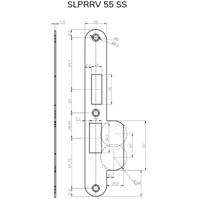 Dulimex Stainless steel striker plate round corners for adjustable striker PC55
