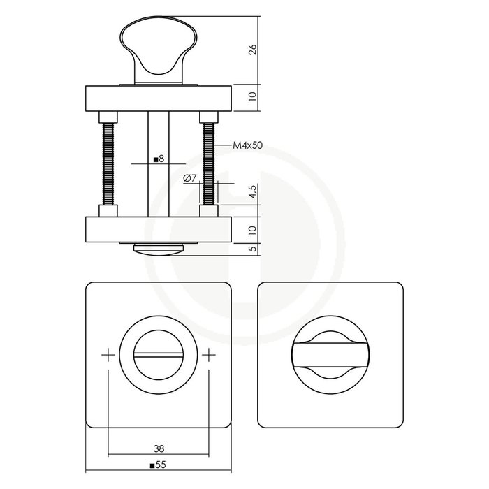 Intersteel Intersteel Rozet met toilet-/badkamersluiting vierkant 55x55x10 mm messing titaan PVD