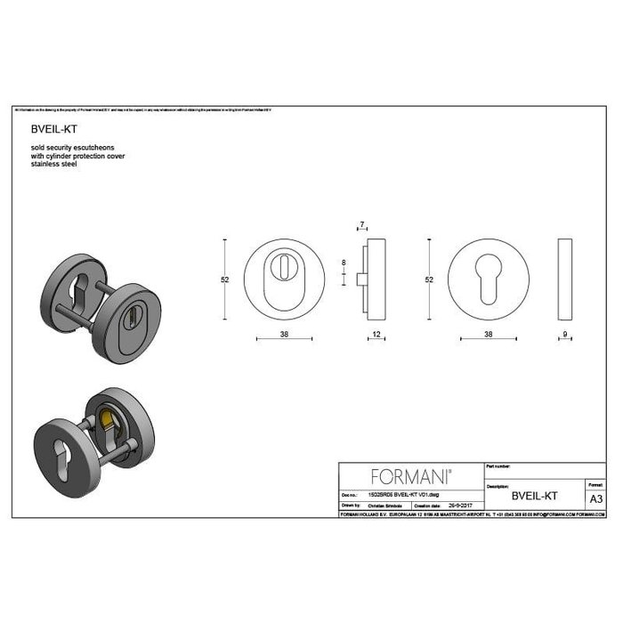 Formani Rosace de cylindre de sécurité en acier inoxydable poli Basics BVEIL-KT solid SKG***