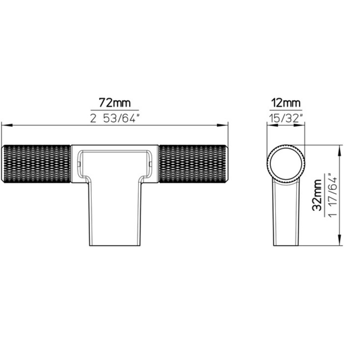I.B.E. Mat zwarte meubelknop T- 72 mm geribbeld