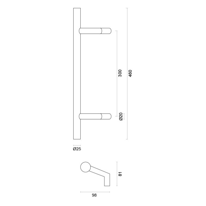 HDD Poignée de porte noire STCOT 25/300/460 - Revêtement UV Structure avec montage en aveugle