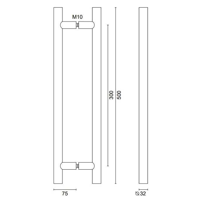 HDD Schwarzer Türgriff T 32/300/500 - UV-Struktur - Paar für Glas