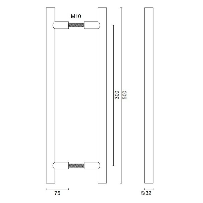 HDD Zwarte deurgreep T 32/300/500 - UV Structuur - paar voor deurdikte >3 CM
