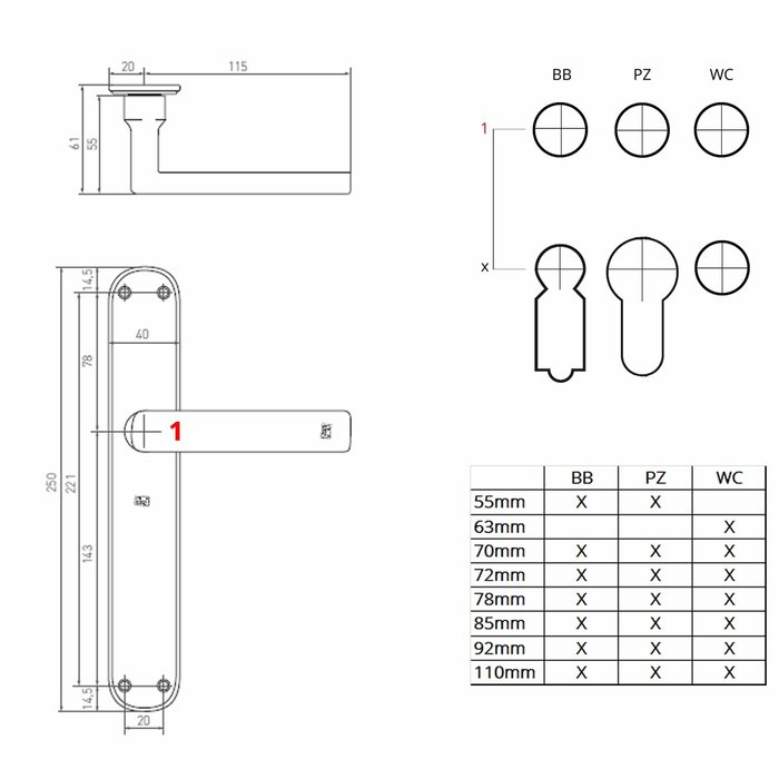 Dauby Door handles on blind shield PH1930/P40 raw bronze polished