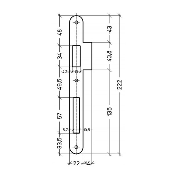 Assa Abloy Gâche arrondie lèvre courte pour serrures à encastrer Litto séries 90 et 53 - 222x36mm