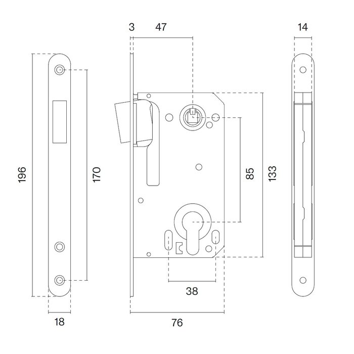 Aprile Magnetic lock 2868 cylinder hole shaft size 85 mm - rounded front plate 196x18 mm - stainless steel look